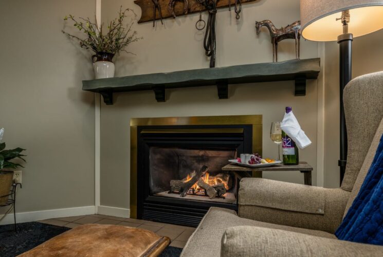 Bedroom with light taupe walls, white trim, light tan upholstered armchair, and fireplace