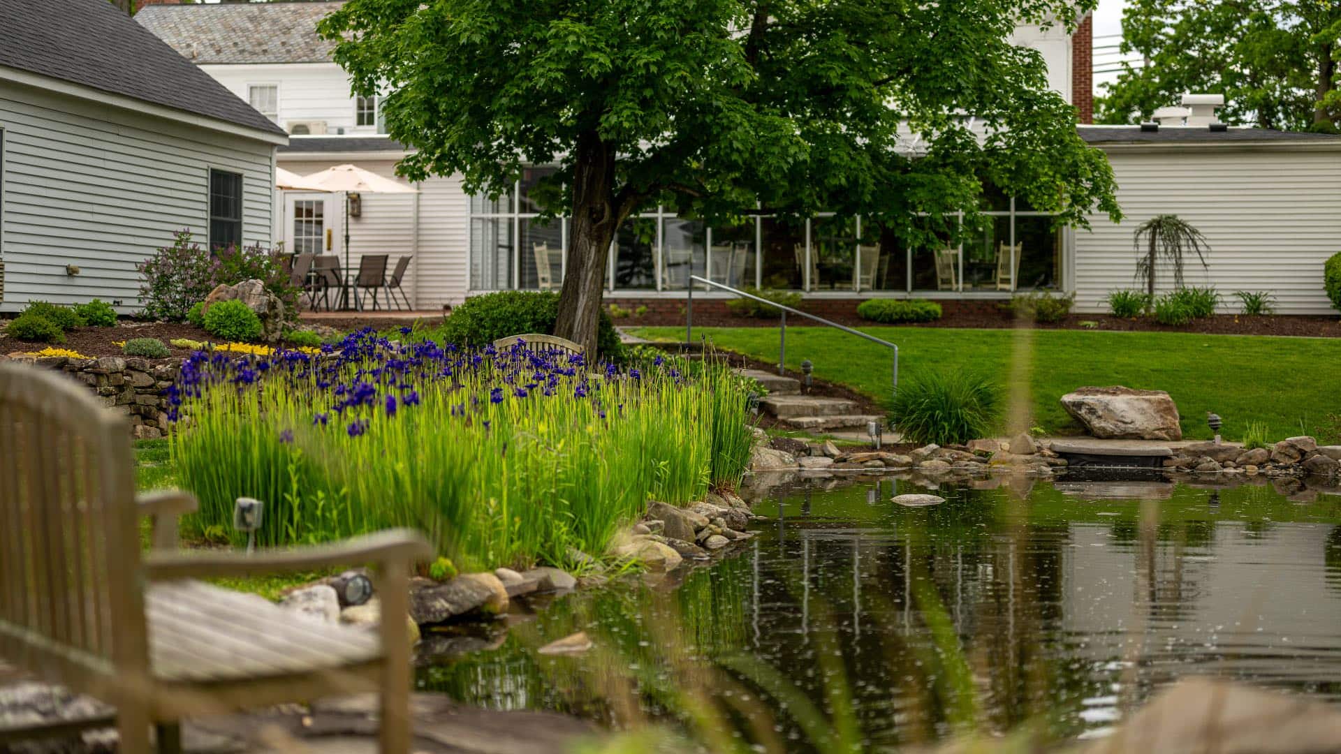 Calm little pond surrounded by rocks, purple flowers, green grass, trees, and nestled near the property