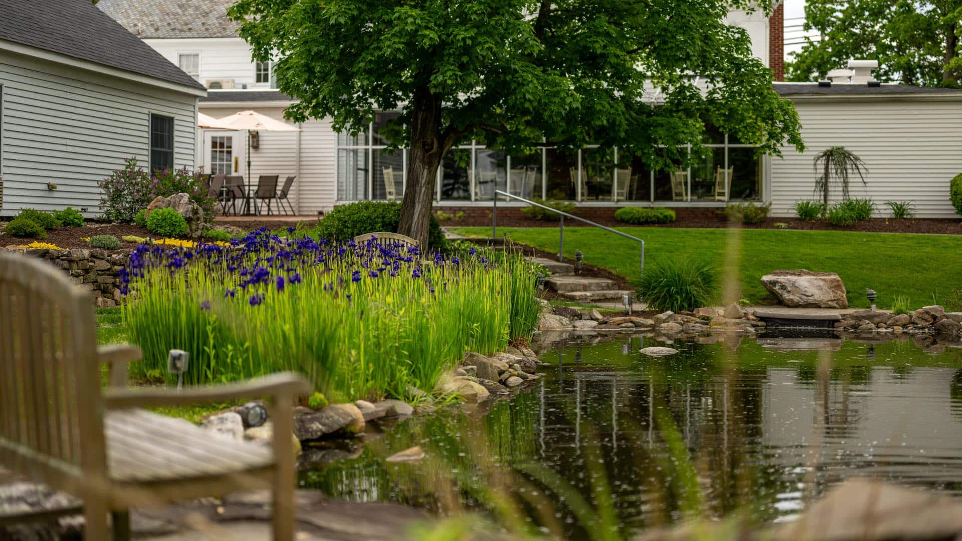 Calm little pond surrounded by rocks, purple flowers, green grass, trees, and nestled near the property