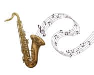 drawing of brass saxophone with musical notes on staff flowing out of horn