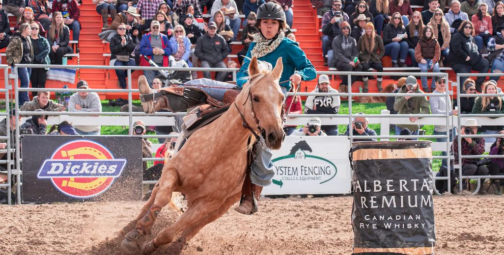 A person is riding a horse around a barrel in front of a crowd at a rodeo
