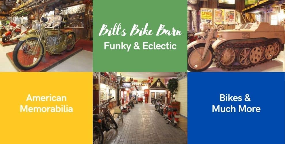 Collage with items from Bill's Bike Barn, like vintage motorcyles and American collectibles